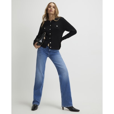 Black Knit Fitted Scallop Trim Cardigan