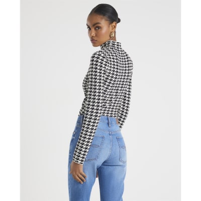 Black Knit Houndstooth High Neck Top