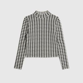 Black Knit Houndstooth High Neck Top