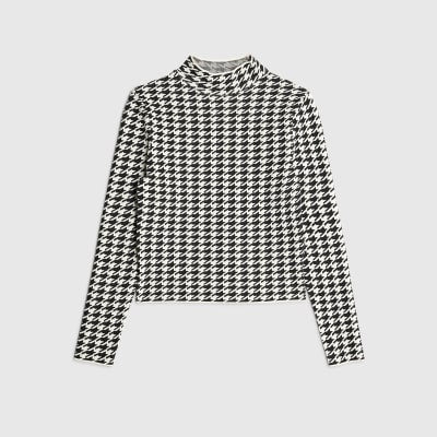 Black Knit Houndstooth High Neck Top