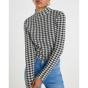 Black Knit Houndstooth High Neck Top