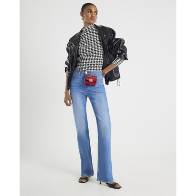 Black Knit Houndstooth High Neck Top