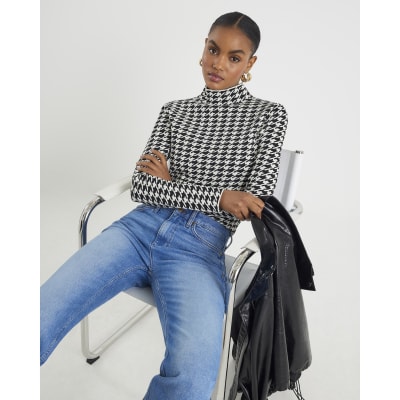 Black Knit Houndstooth High Neck Top