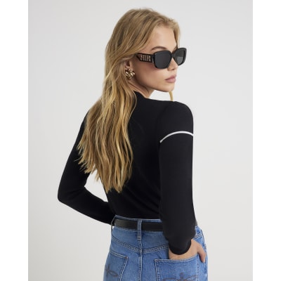Black Knit Long Sleeve Tipped Bow Jumper