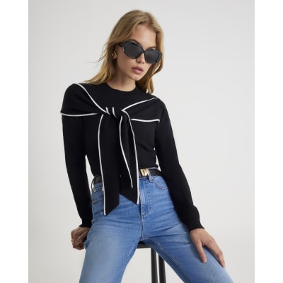 Black Knit Long Sleeve Tipped Bow Jumper