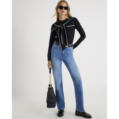 Black Knit Long Sleeve Tipped Bow Jumper