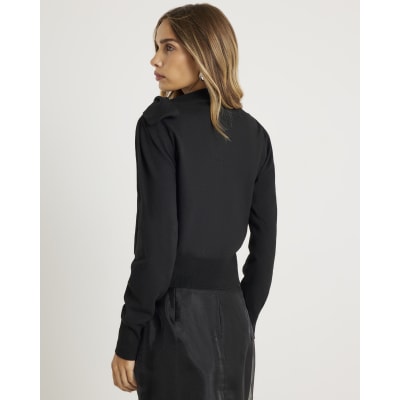 Black Knit Neck Bow Tie Jumper