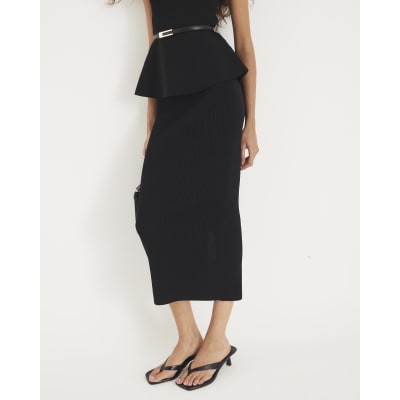 Black Knit Ribbed Midi Skirt