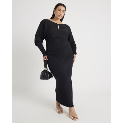 Black Knit Ribbed Midi Skirt
