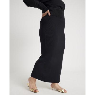 Black Knit Ribbed Midi Skirt