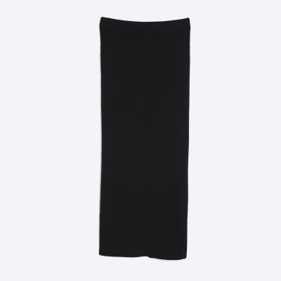 Black Knit Ribbed Midi Skirt