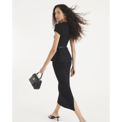 Black Knit Ribbed Midi Skirt