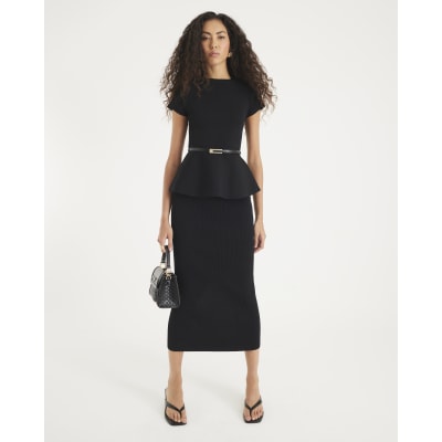 Black Knit Ribbed Midi Skirt