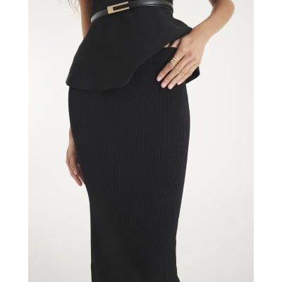 Black Knit Ribbed Midi Skirt