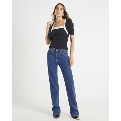 Black Knit Short Sleeve Button Detail Top