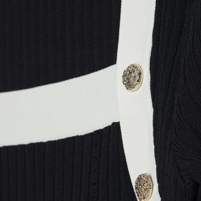 Black Knit Short Sleeve Button Detail Top
