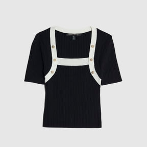 Black Knit Short Sleeve Button Detail Top