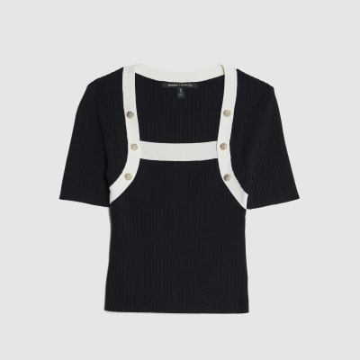 Black Knit Short Sleeve Button Detail Top