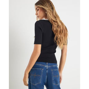 Black Knit Short Sleeve Button Detail Top