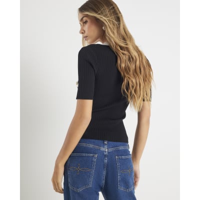 Black Knit Short Sleeve Button Detail Top