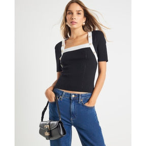 Black Knit Short Sleeve Button Detail Top