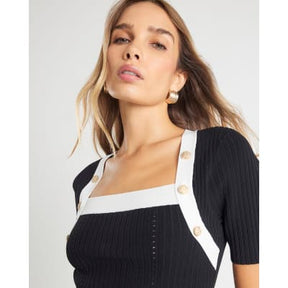 Black Knit Short Sleeve Button Detail Top