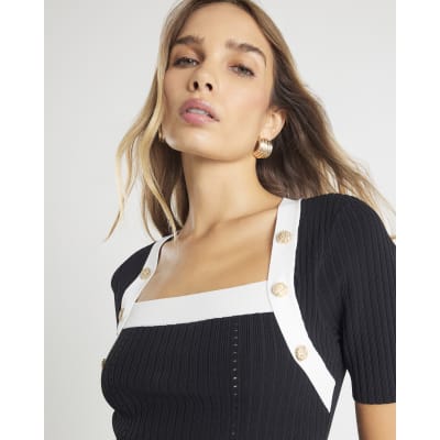 Black Knit Short Sleeve Button Detail Top