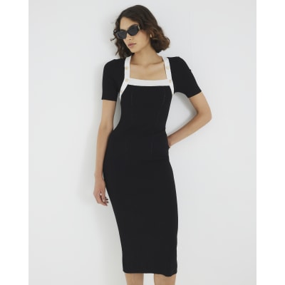 Black Knitted Button Detail Midi Dress