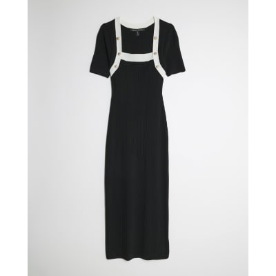 Black Knitted Button Detail Midi Dress