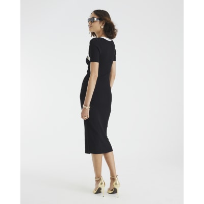 Black Knitted Button Detail Midi Dress
