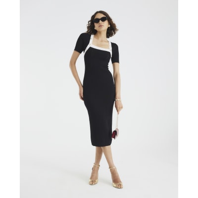 Black Knitted Button Detail Midi Dress