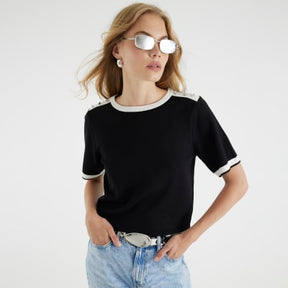 Black Knitted Button Detail T-shirt