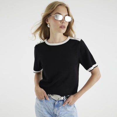Black Knitted Button Detail T-shirt