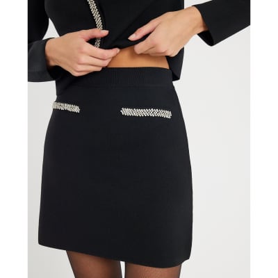 Black Knitted Embellished Mini Skirt