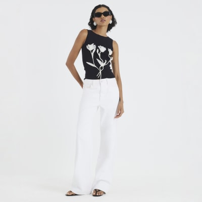Black Knitted Floral Applique Vest Top
