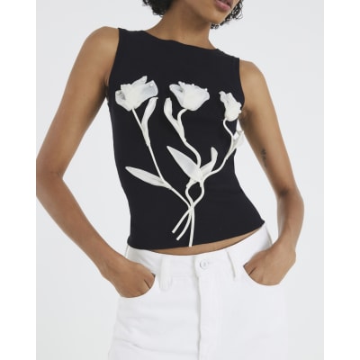Black Knitted Floral Applique Vest Top