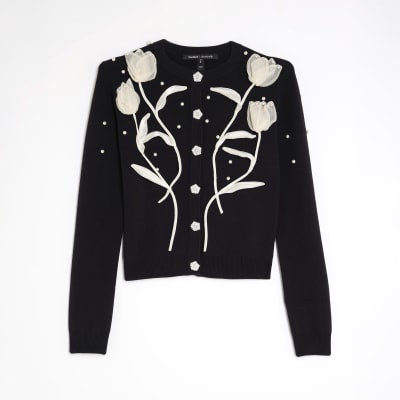 Black Knitted Flower Cardigan