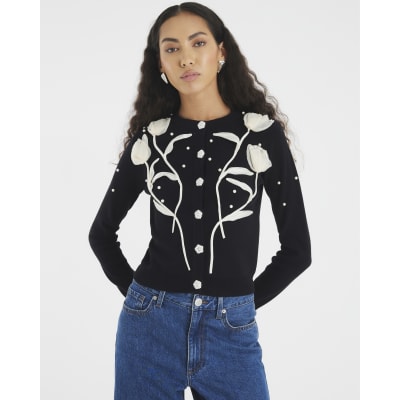 Black Knitted Flower Cardigan