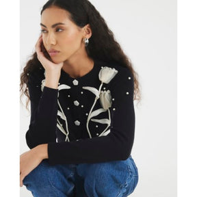 Black Knitted Flower Cardigan