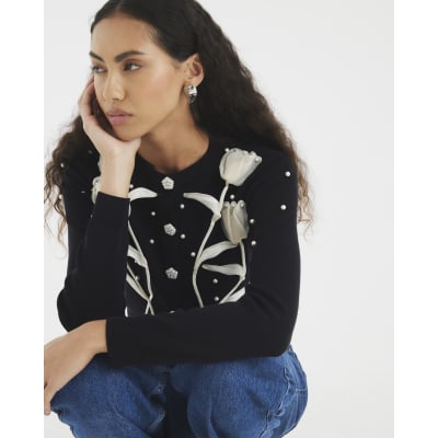 Black Knitted Flower Cardigan