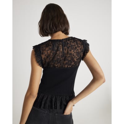 Black Knitted Lace Hybrid Sleeveless Top
