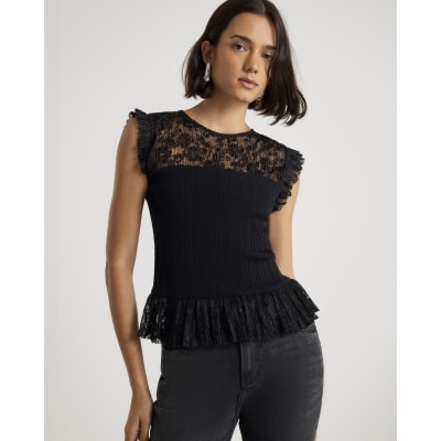Black Knitted Lace Hybrid Sleeveless Top
