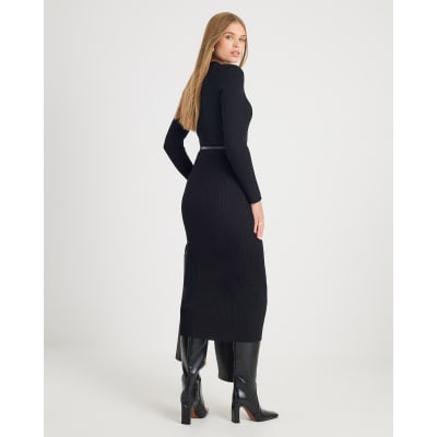 Black Knitted Long Sleeve Midi Dress