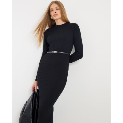 Black Knitted Long Sleeve Midi Dress