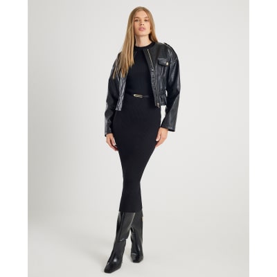 Black Knitted Long Sleeve Midi Dress