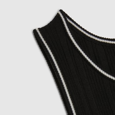 Black Knitted Racer Neck Ribbed Midi Dress