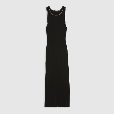 Black Knitted Racer Neck Ribbed Midi Dress