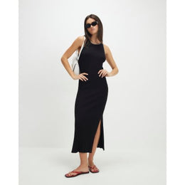 Black Knitted Racer Neck Ribbed Midi Dress
