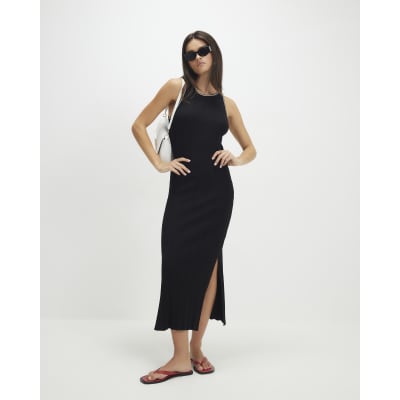 Black Knitted Racer Neck Ribbed Midi Dress