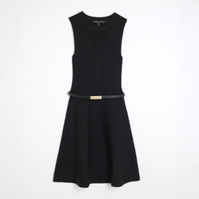 Black Knitted Sleeveless Belted Mini Dress